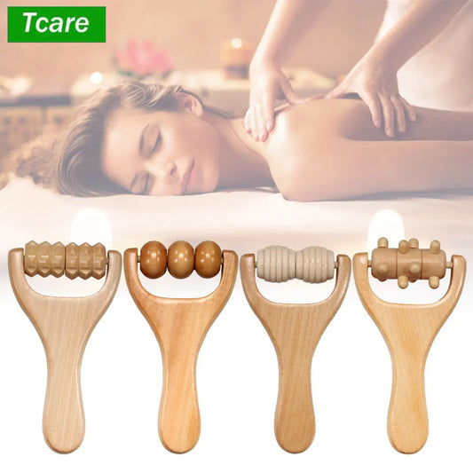 Set of wooden handheld massage roller tools with different textured rollers for body relaxation and muscle relief