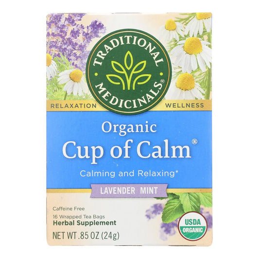 Traditional Medicinals Organic Cup of Calm lavender mint herbal tea box with organic calming herbal tea