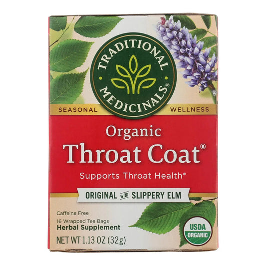 Traditional Medicinals Organic throat coat tea box with 16 caffeine-free herbal tea bags