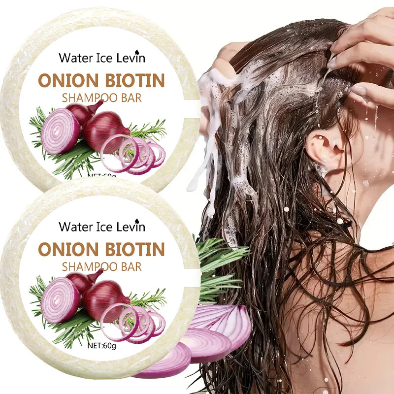 Onion biotin shampoo bar by SACRED SELF WELLNESS with image of woman washing long dark hair with foam