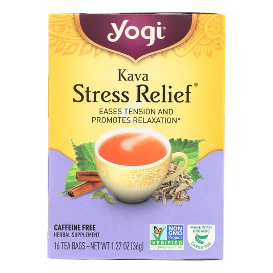 Yogi Kava stress relief tea box with herbal supplement and caffeine free natural ingredients