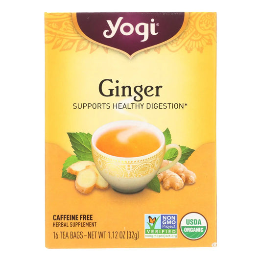 Yogi ginger organic ginger herbal tea box with a cup of tea and fresh ginger roots